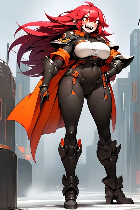 lava, red hair, orange eyes, adventurer cloths, big breast, smile, facial mark, long hair, standing solo, full body, boots, sharpteeth, tundra snow