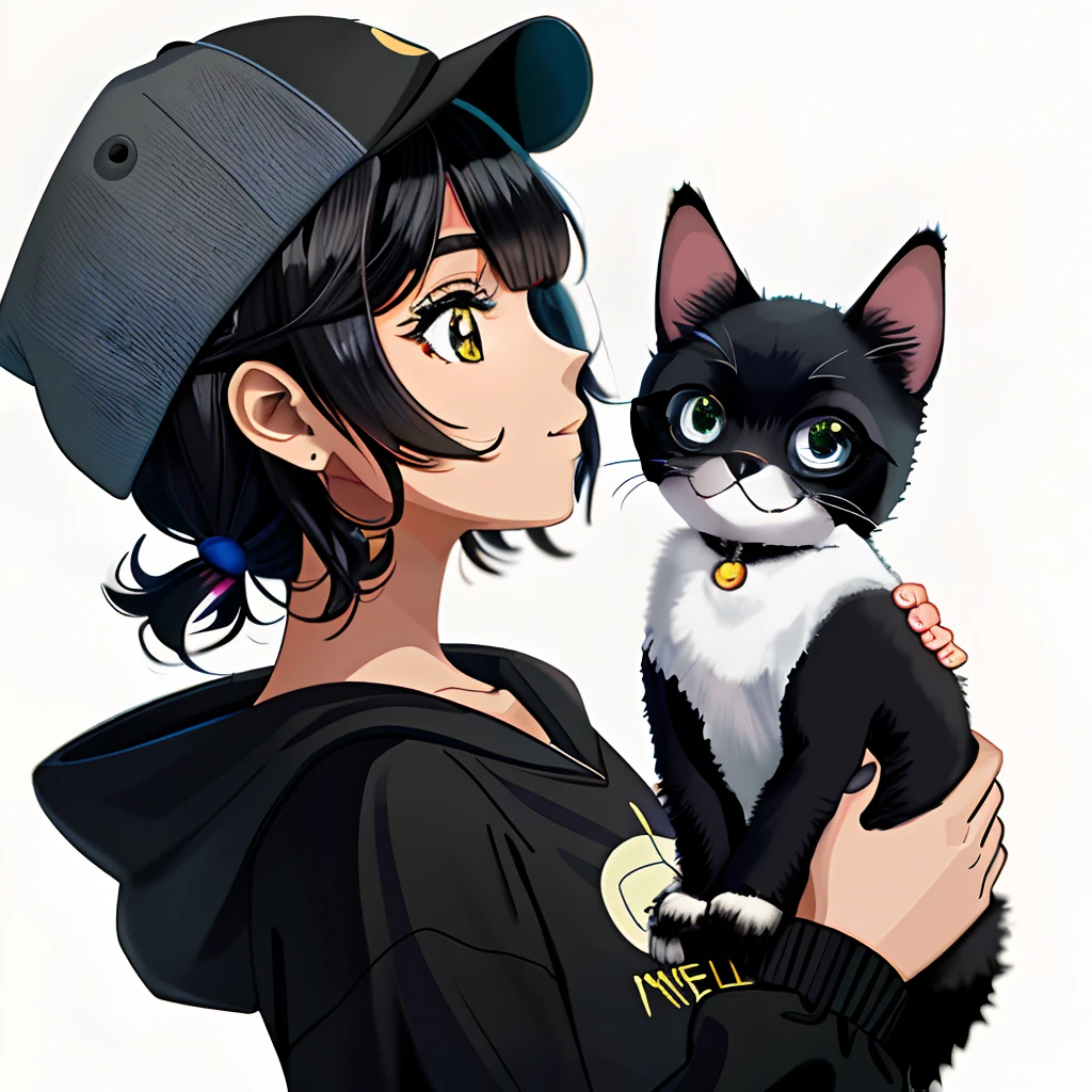 Anime girl with black hair holding a black and white cat - SeaArt AI