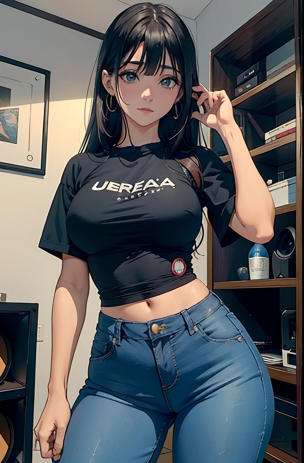 A close up of a woman in jeans and a black shirt - SeaArt AI