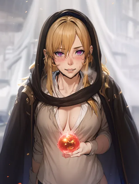 erina, (long hair, blonde hair:1.6), hews, heavy breathing, 1girl, solo, breasts, looking_at_viewer, cape,  torn_clothes, blurry, blurry_background, large_breasts, holding, hood, armor, depth_of_field, glow effects, godrays, Hand drawn, render, 8k, octane ...