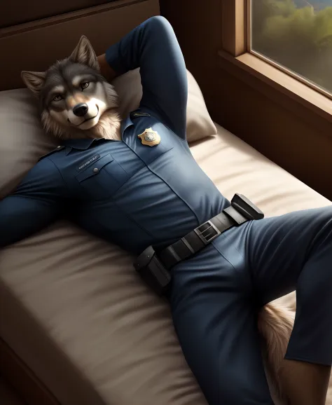 anthro,wolf boy,solo,male,adult,police uniform,realistic fur,detailed background,wilderness background,realistic,photorealistic,ultra realistic,8k,lying,feet up,from_above,(full body:1.5),(furry art, uploaded on e621:1.5),bed,on bed,
