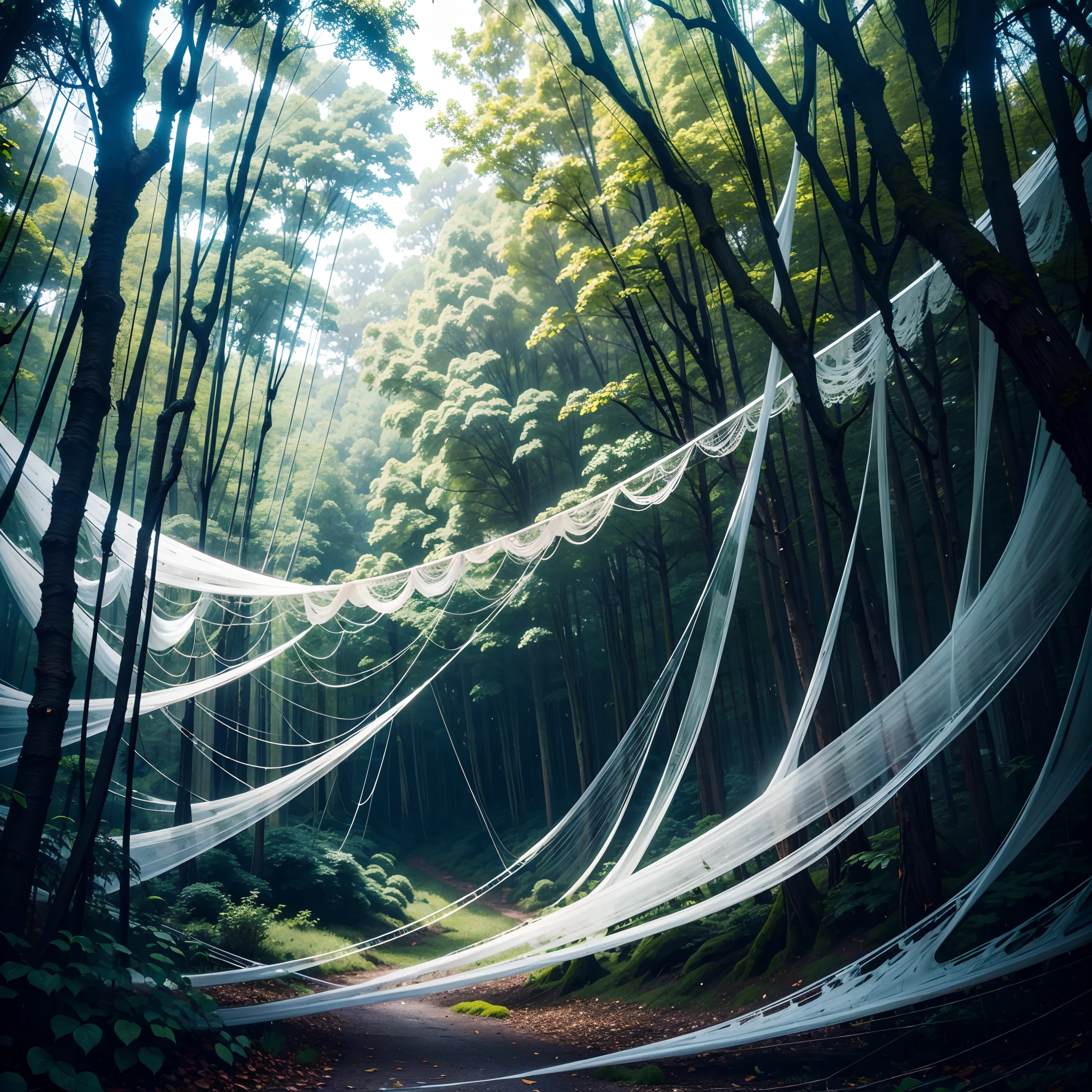 A forest covered with spider webbing, spider webs That cover the trees