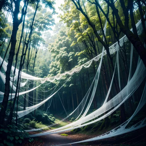 a forest covered with spider webbing, spider webs that cover the trees