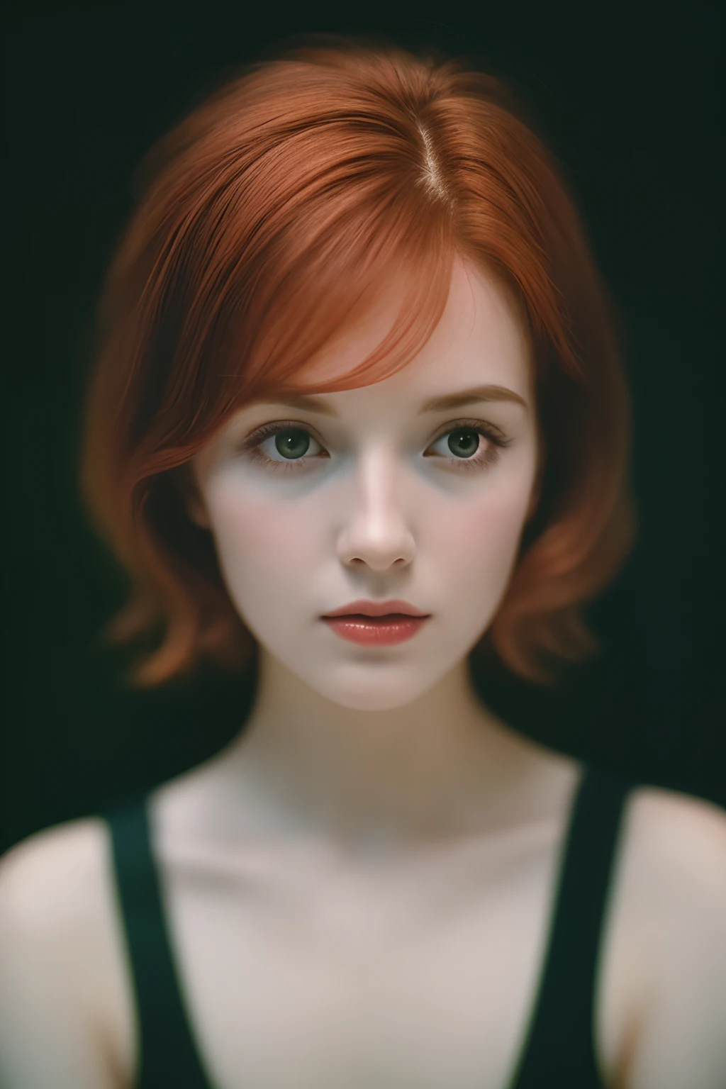 1woman,in the dark, film grain, award winning photo, (green tint:0.5), looking to the side, redhead