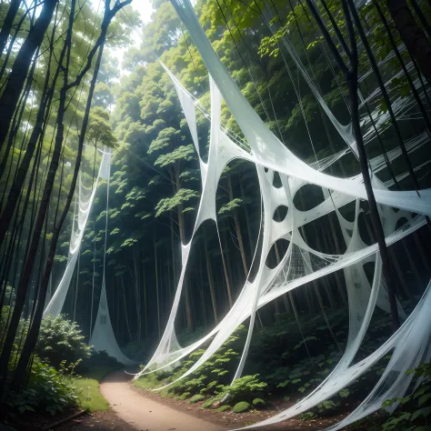 A forest covered with spider webbing, spider webs That cover the trees