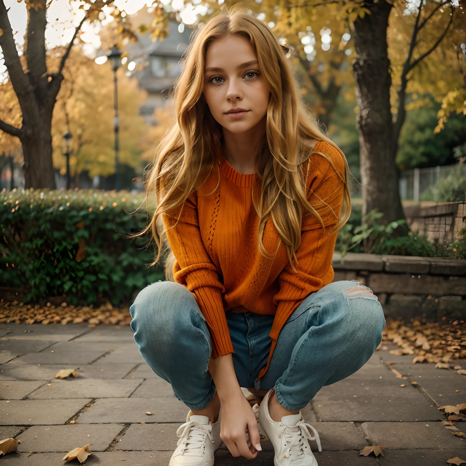 Arafed Woman Sitting On A Brick Walkway In A Park - Seaart Ai