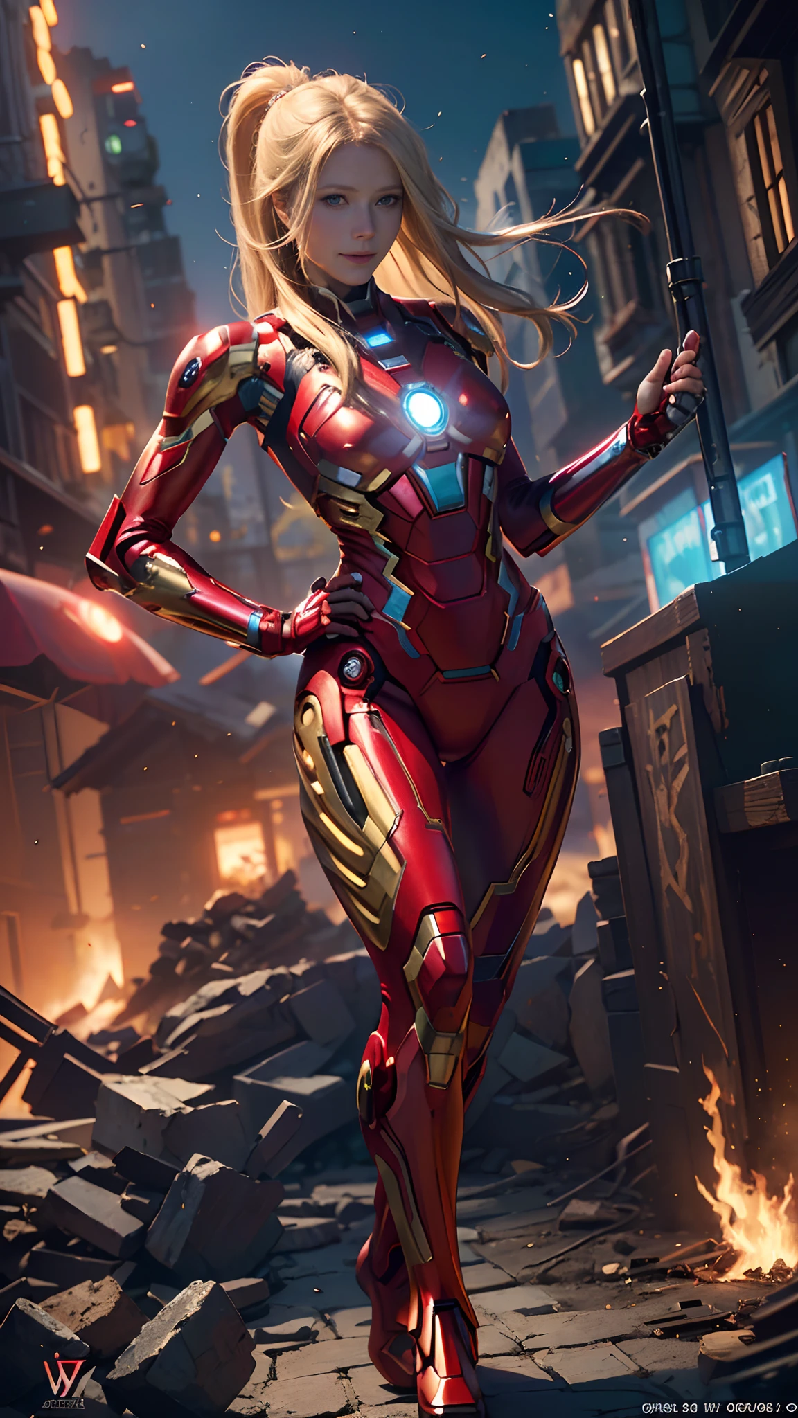 1girl, full body shot, Gwyneth Paltrow as  Ironman (from marvel studios), red Ironman suit (holding your helmet), smile, look at viewer, (masterpiece, best quality, detailed cloth texture, beautiful detailed face, intricate details, ultra detailed),  blonde hair, dynamic pose, (random angles), (Best quality, A high resolution, Photorealistic, primitive, buildings destroyed, abstract background, (8K,Masterpiece, ),Best quality, Masterpiec8K.hdr. High ribs:1.2, filmgrain, Blur bokeh:1.2, Lens flare, (vivd colour:1.2), (Delicate),