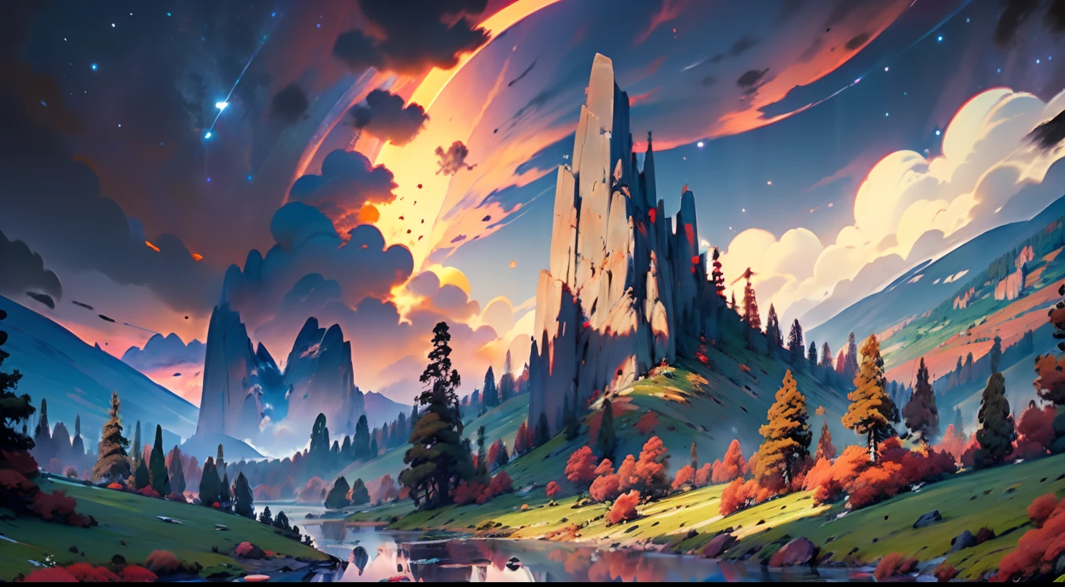 ((Perfect Quality)), (A giant mountain with a round hole in the center), Sunset in the background, Red clouds, Small lake in the foreground, ((Stone dust in the air)),