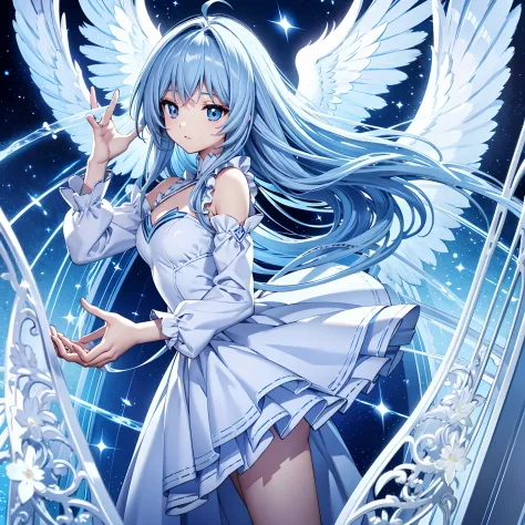 angel wings、kawaii girl、light blue long hair、twin-tailed、white angel costume、((top-quality))、((​masterpiece))、(ighly detailed、hi...