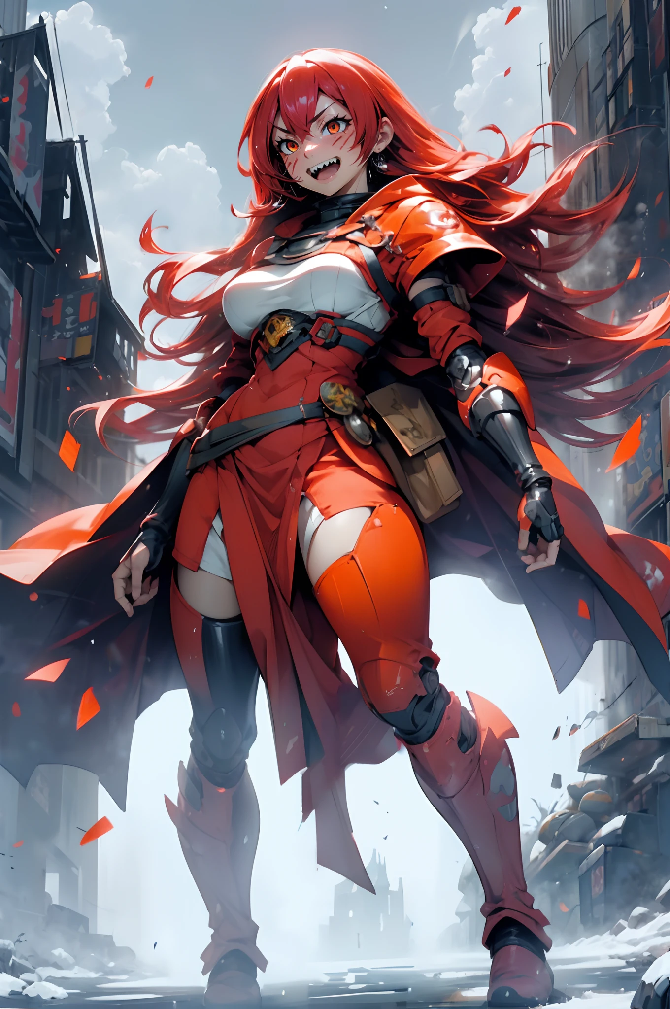 (best quality,4k,8k,highres,masterpiece:1.2),ultra-detailed,1.37),red hair, orange eyes, adventurer clothing, big breasts, smiling face, facial mark, long flowing hair, standing alone, full body view, boots, sharp teeth, tundra snow, ruined temples, lava, oil painting, mystical atmosphere, warm color tones, dramatic lighting, snow wing