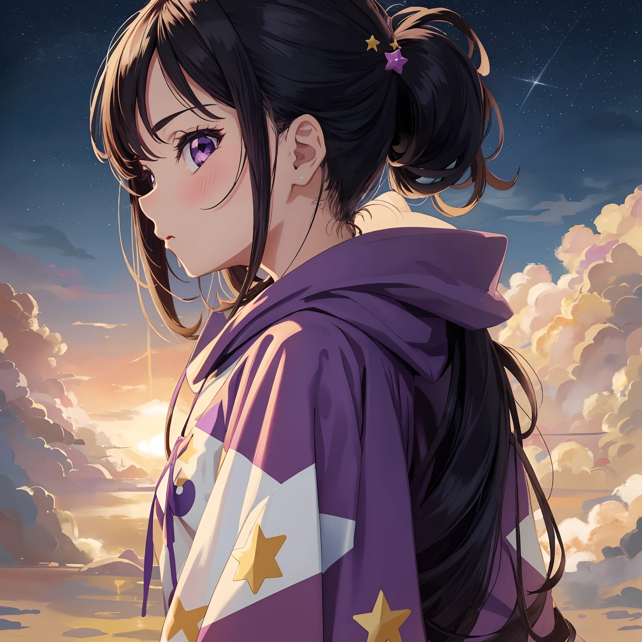 Anime girl with ponytail hair and stars on her hoodie - SeaArt AI