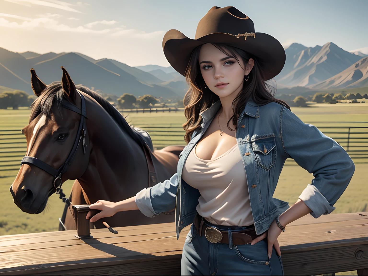 ciudad, mujer ((Selena Gomez:emma watson :0.8))), Mujer de mediana edad,(( pechos grandes :1.1)), autodisparo, vaqueros, chaqueta, elegant, Un caballo detrás, ((Un caballo en un rancho)) tiro de vaquero, campo abierto, Profundidad de campo Toma, Tiro centrado, tiro gran angular, caballos detrás de ella, plano general, La mejor vista de la naturaleza, cielo limpio, mejor calidad, ultra alta resolución, (Fotorrealista: 1.4), ultra detallado, Increíblemente detallado