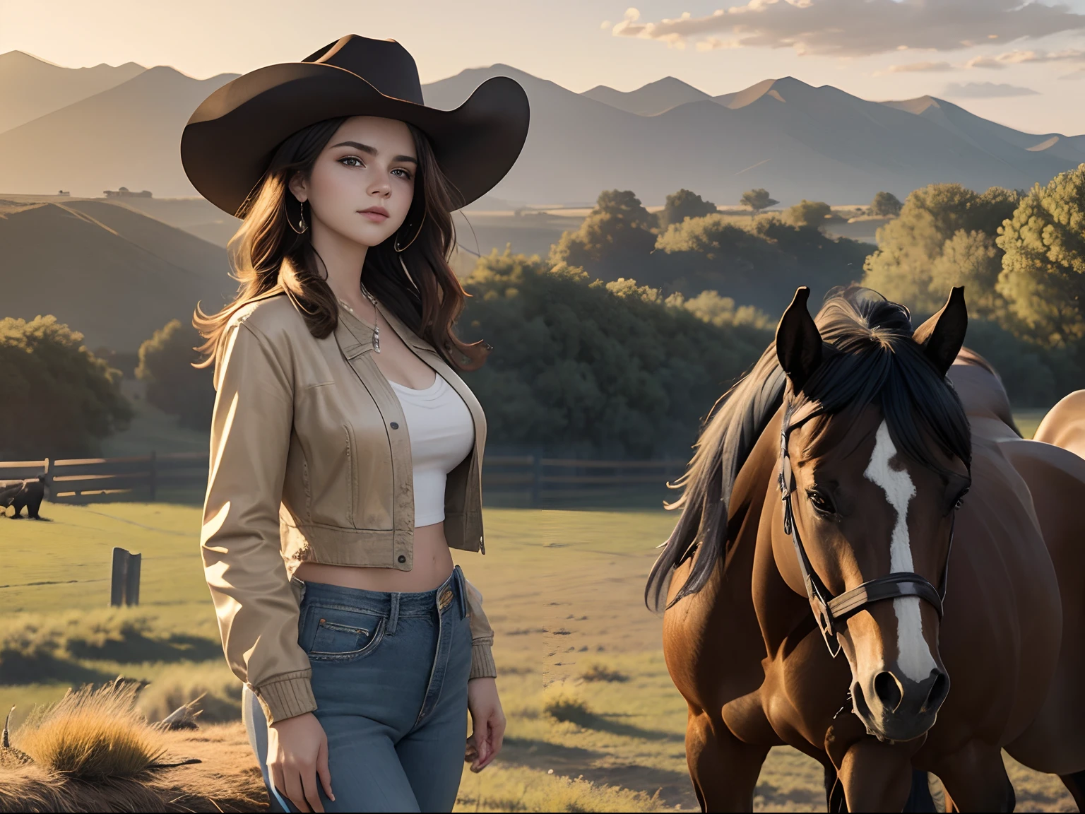 ciudad, mujer ((Selena Gomez:emma watson :0.8))), Mujer de mediana edad,(( pechos grandes :1.1)), autodisparo, vaqueros, chaqueta, elegant, Un caballo detrás, ((Un caballo en un rancho)) tiro de vaquero, campo abierto, Profundidad de campo Toma, Tiro centrado, tiro gran angular, caballos detrás de ella, plano general, La mejor vista de la naturaleza, cielo limpio, mejor calidad, ultra alta resolución, (Fotorrealista: 1.4), ultra detallado, Increíblemente detallado