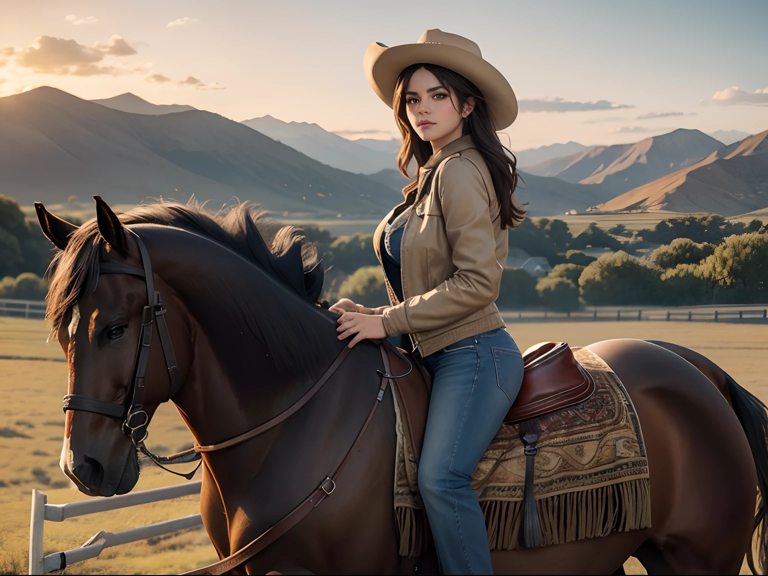 city, woman ((Selena Gomez:Emma Watson :0.8))), Middle Aged Woman,(( Big breasts :1.1)), self-shot, jeans, jacket, elegant, a horse behind, ((A horse in a ranch)) cowboy shot, open field, depth of the field shot taken, centred shot, wide angle shot, horses behind her, wide shot, best back view, clear sky, best quality, ultra-high-resolution, (photorealistic: 1.4), Ultra detailed, Stunningly Detailed