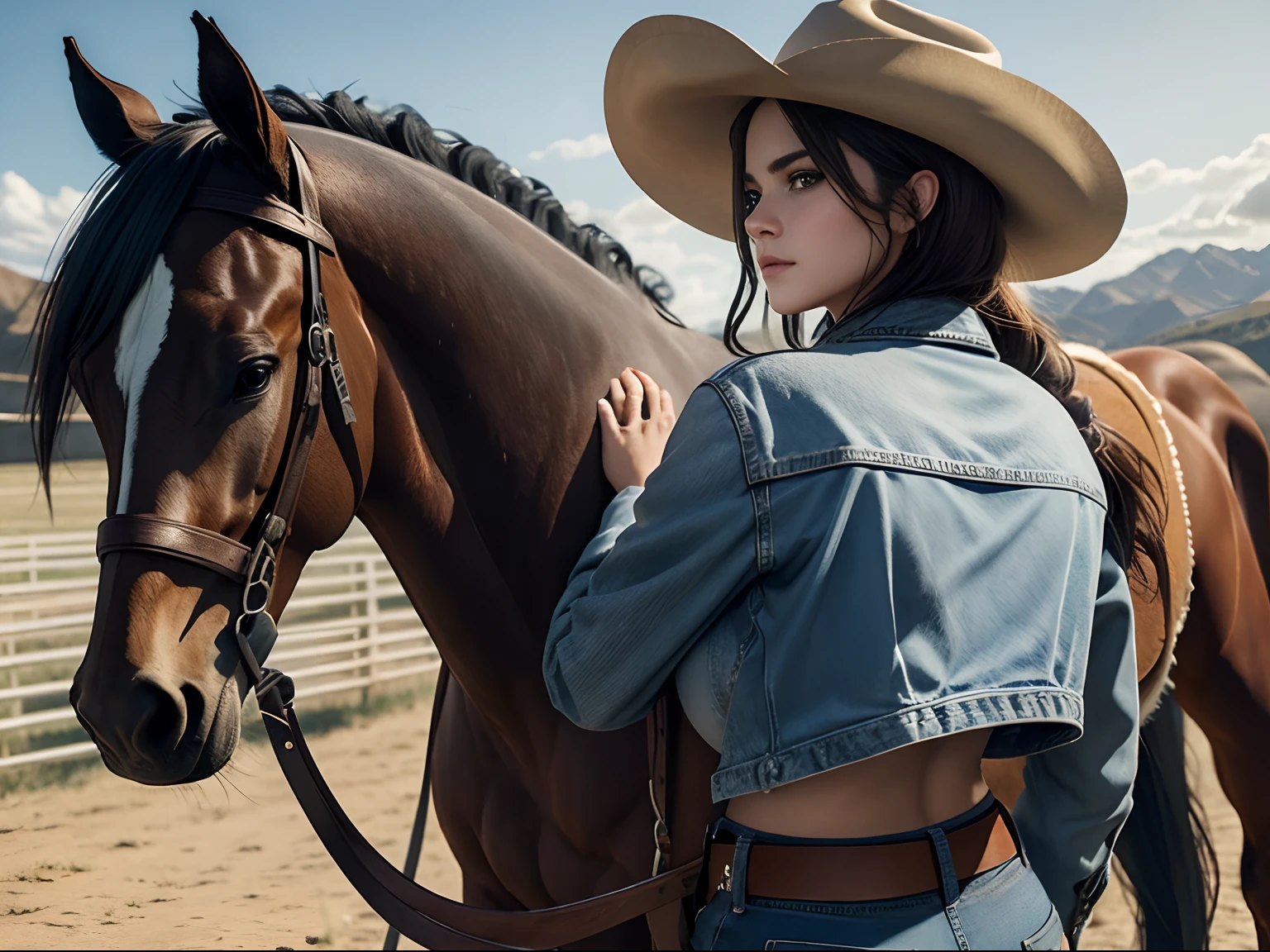 Ville, femme ((Selena Gomez:Emma Watson :0.8))), femme d&#39;âge moyen,(( Gros seins :1.1)), autoportrait, jeans, veste, élégant, un cheval derrière, ((Un cheval dans un ranch)) tir de cow-boy, champ ouvert, profondeur de champ prise de vue, tir centré, prise de vue grand angle, chevaux derrière elle, plan large, meilleure vue arrière, ciel clair, Meilleure qualité, Ultra haute résolution, (Photoréaliste: 1.4), ultra détaillé, Incroyablement détaillé