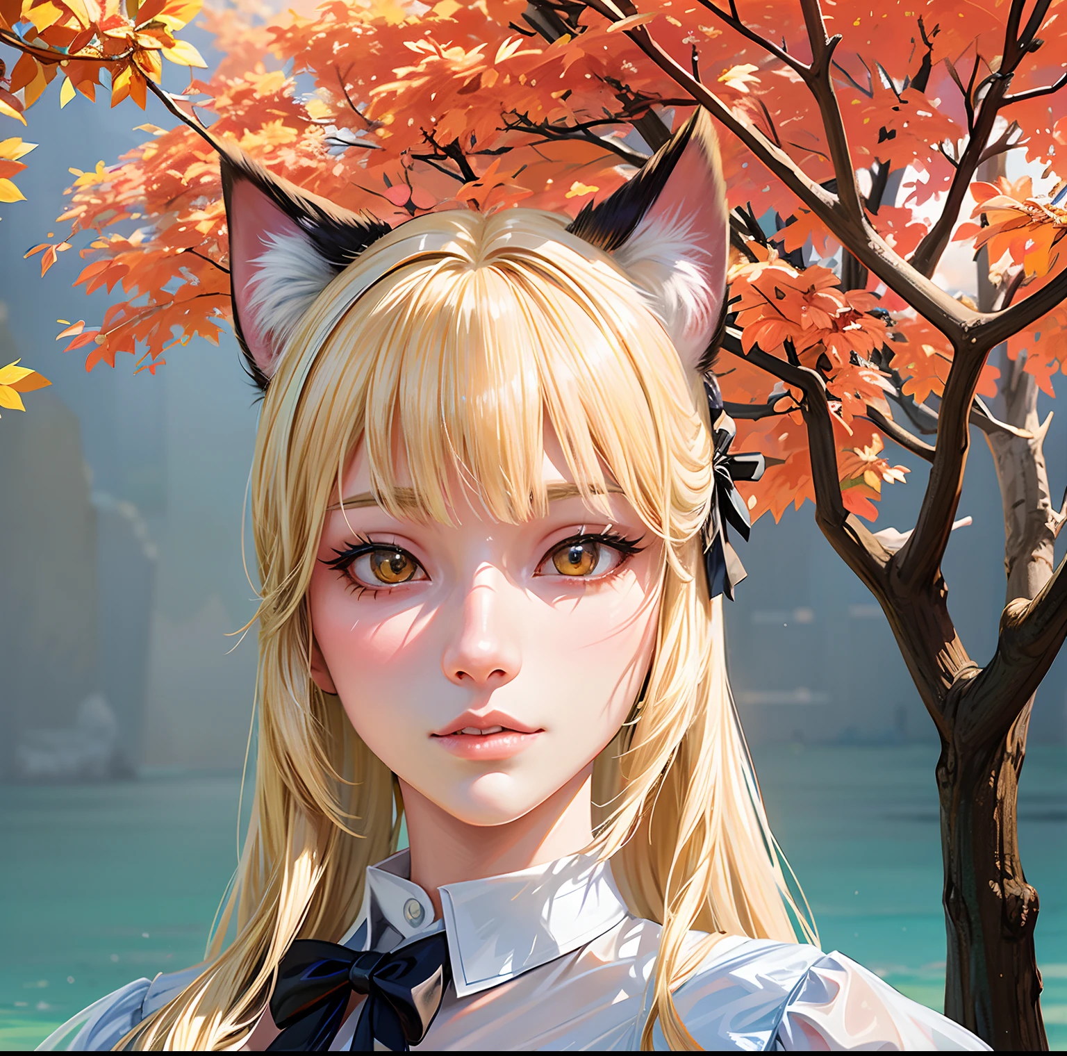 Anime girl with long blonde hair and cat ears standing in front of a tree -  SeaArt AI