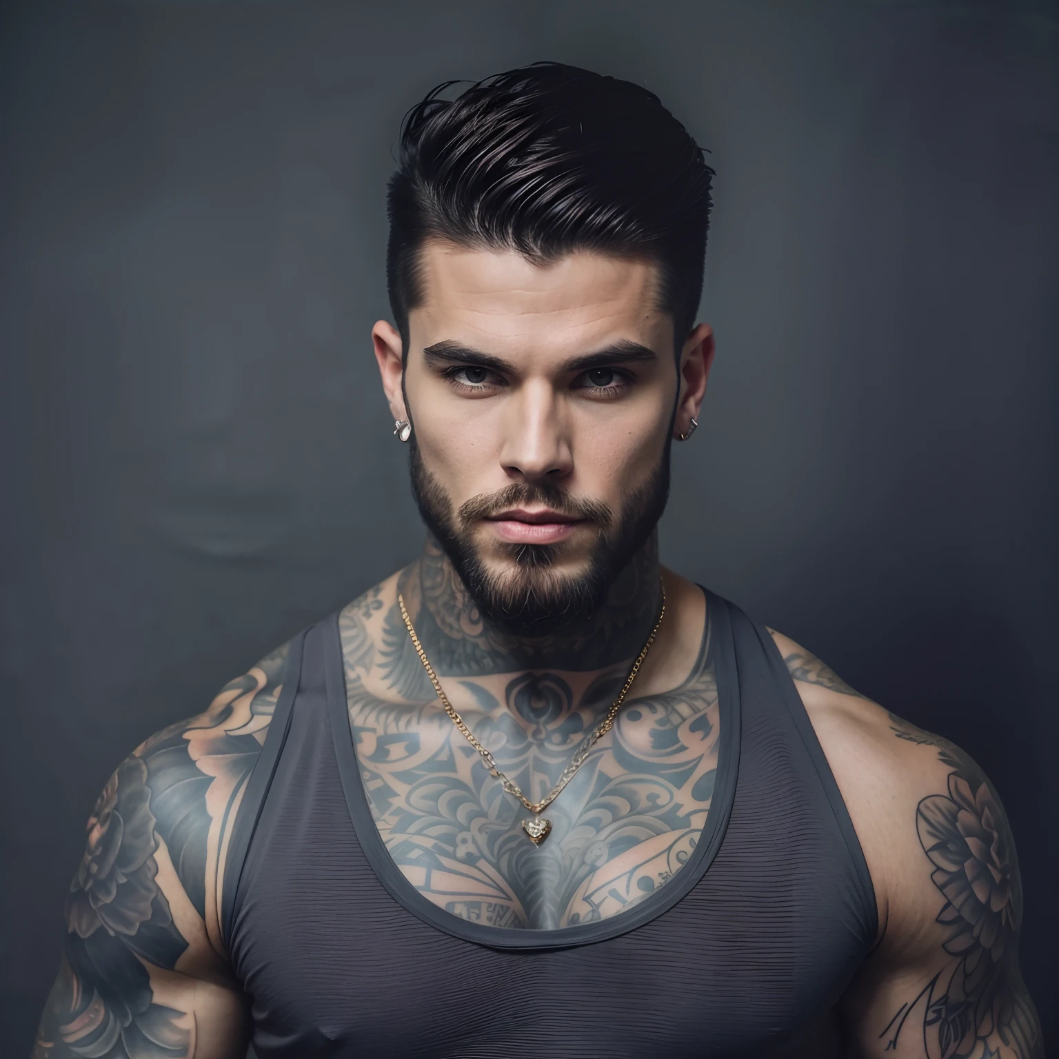 A man with tattoos and a beard wearing a tank top - SeaArt AI