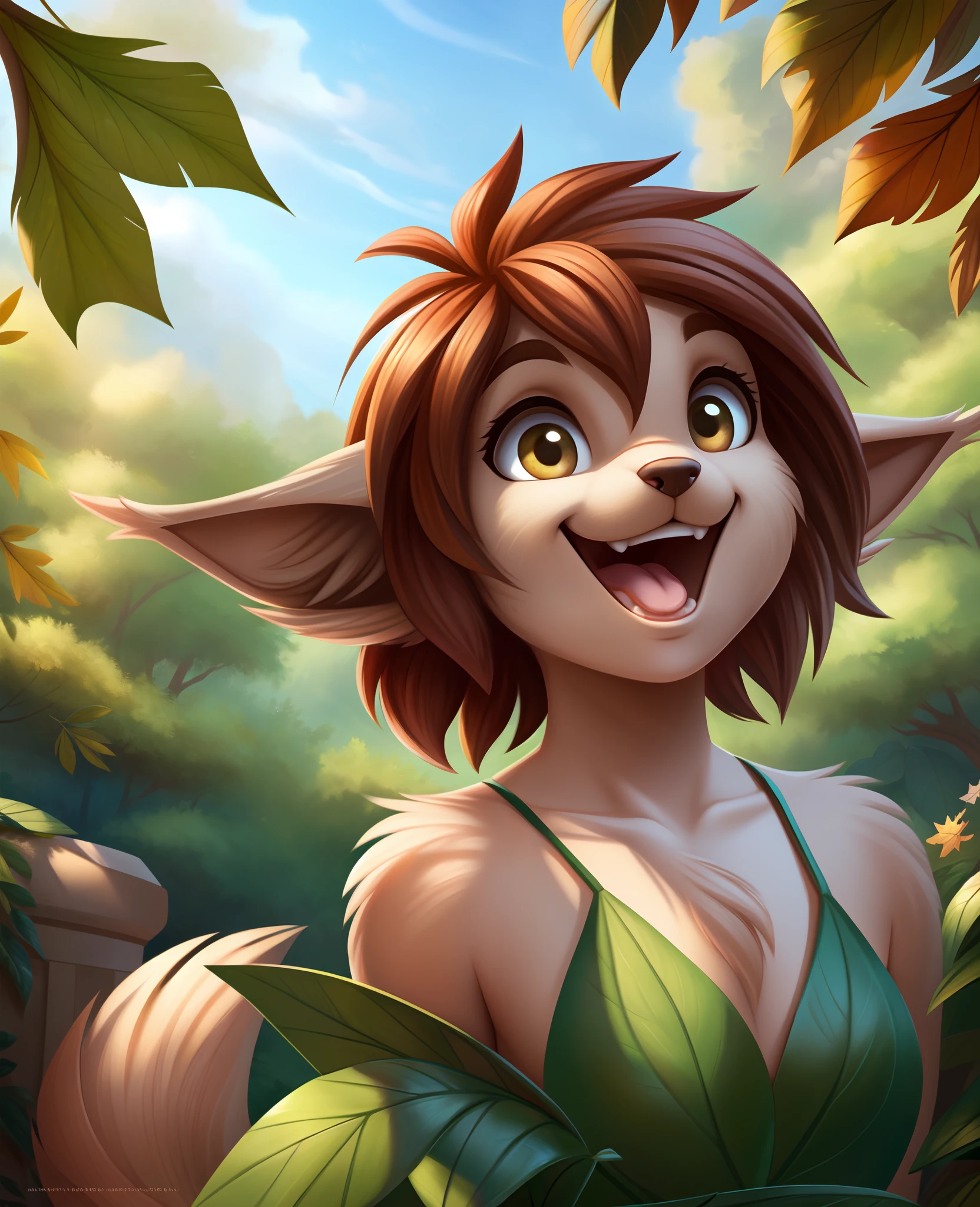 elora furry, detailed and extremely fluffy body fur, fluff, masterpiece, looking up beautiful surroundings, detailed background, happy, leaf-dress,