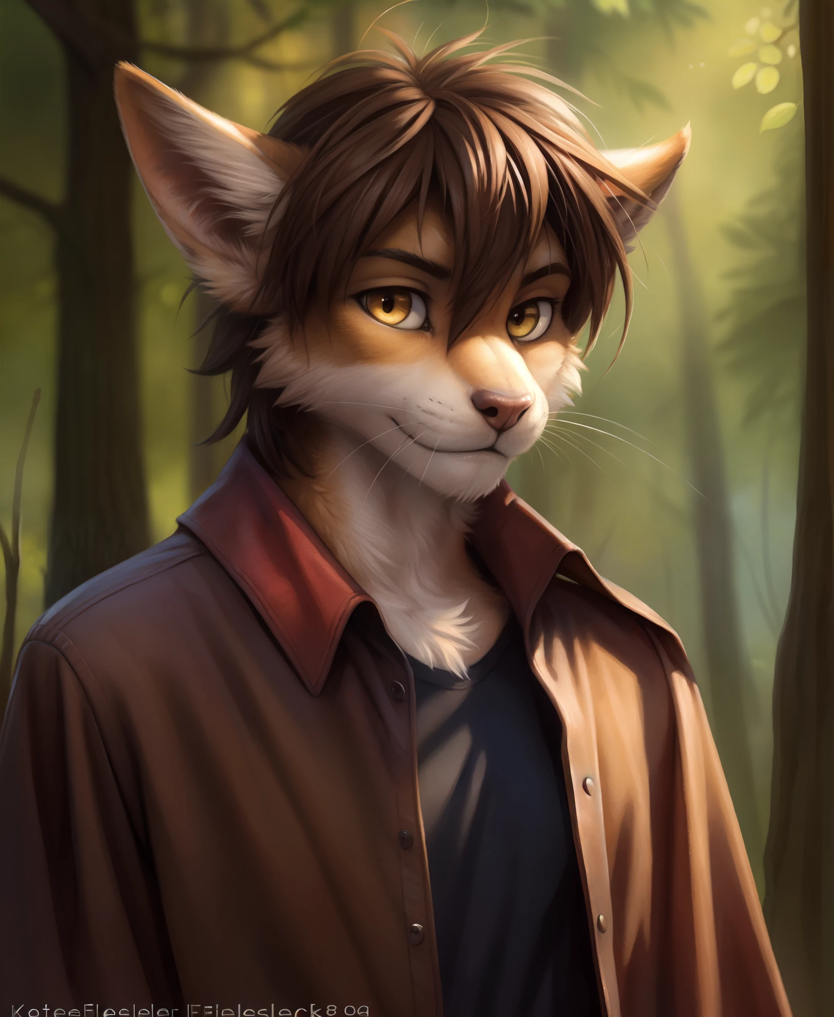 by kenket, by totesfleisch8, (by thebigslick, by silverfox5213:0.8), (by syuro:0.2),, Keith Keiser, keith, Basitin, twokinds, by tom_fischbach,, (best quality, masterpiece:1), solo, furry male anthro, yellow eyes, medium hair, Light Brown hair, body Light Brown, portrait, fingers, finger claws, looking at viewer, tail, long ear down, (outdoors dark forest trees blurry blurred background:1.1),, black shirt, red cape