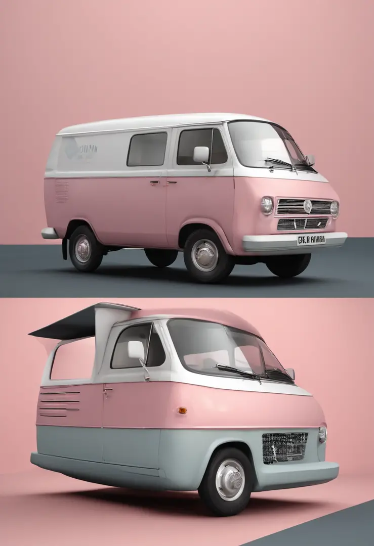 Imagine a medium-sized delivery van parked on a highway. A van tem uma cor predominante de rosa suave, com barras pretas que a contornam, Adding a touch of elegance and contrast. Na lateral direita da van, in an elegant and readable font, it is written in ...