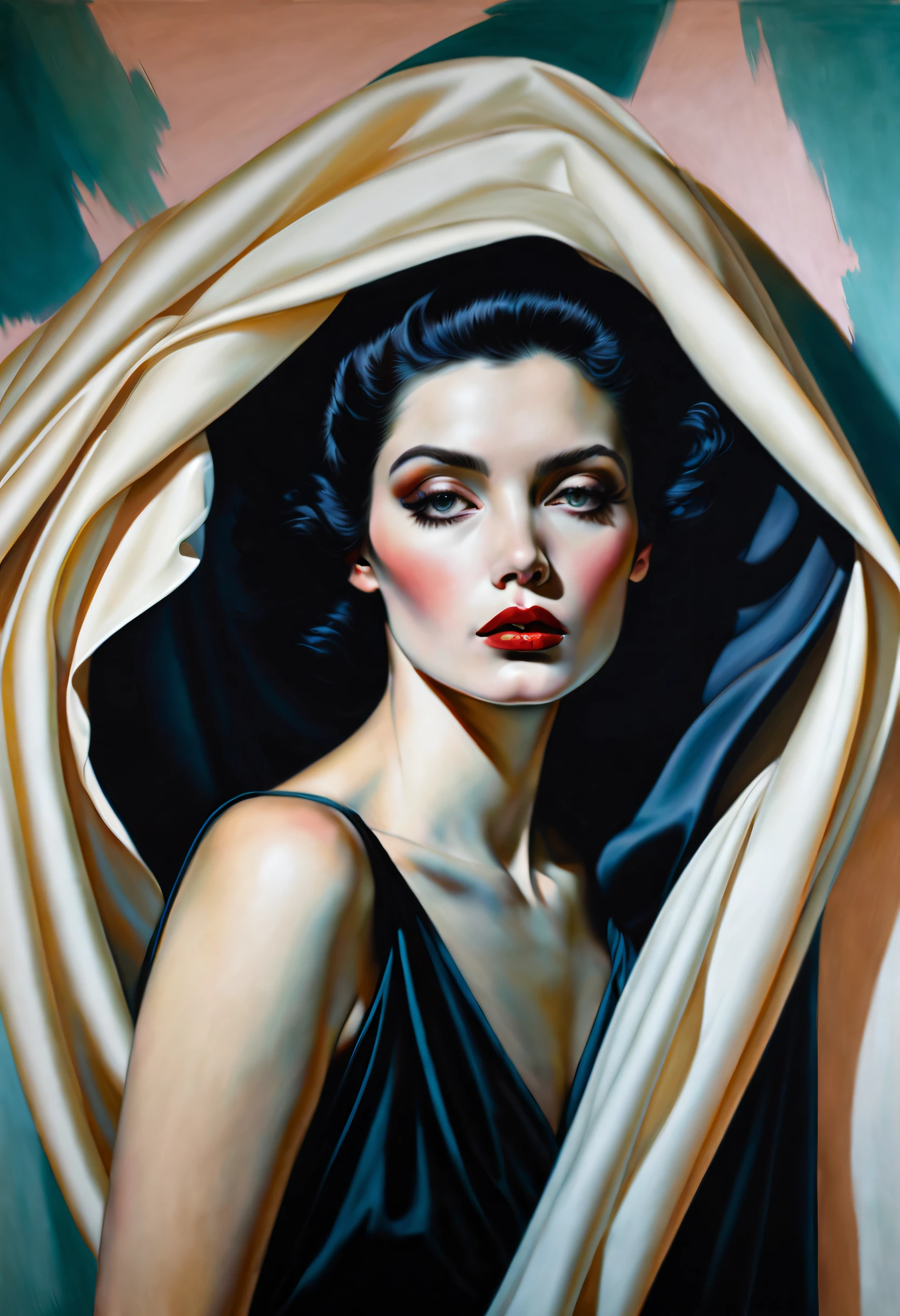 técnica de claro-escuro na ilustração sensual de uma mulher elegante dos anos 1980, beleza antiga, estranho, o modelo envolto em fluxo, pintura a óleo espessa, por Hannah Dale, por Harumi Hironaka, cores extremamente suaves, vibrante, Altamente detalhado, pintura de malcolm liepke, óleo sobre tela,  Alto contraste, dramático, refinado, tonal, Create Alto contraste between light and shadow