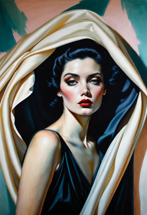 chiaroscuro technique on sensual illustration of an elegant 1980s woman, vintage beauty, eerie, the model draped in flowing, thi...