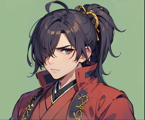 ((male)), serious face, black hair, samurai, japanese clothes, kimono, wide sleeves, masculine, hair over one eye