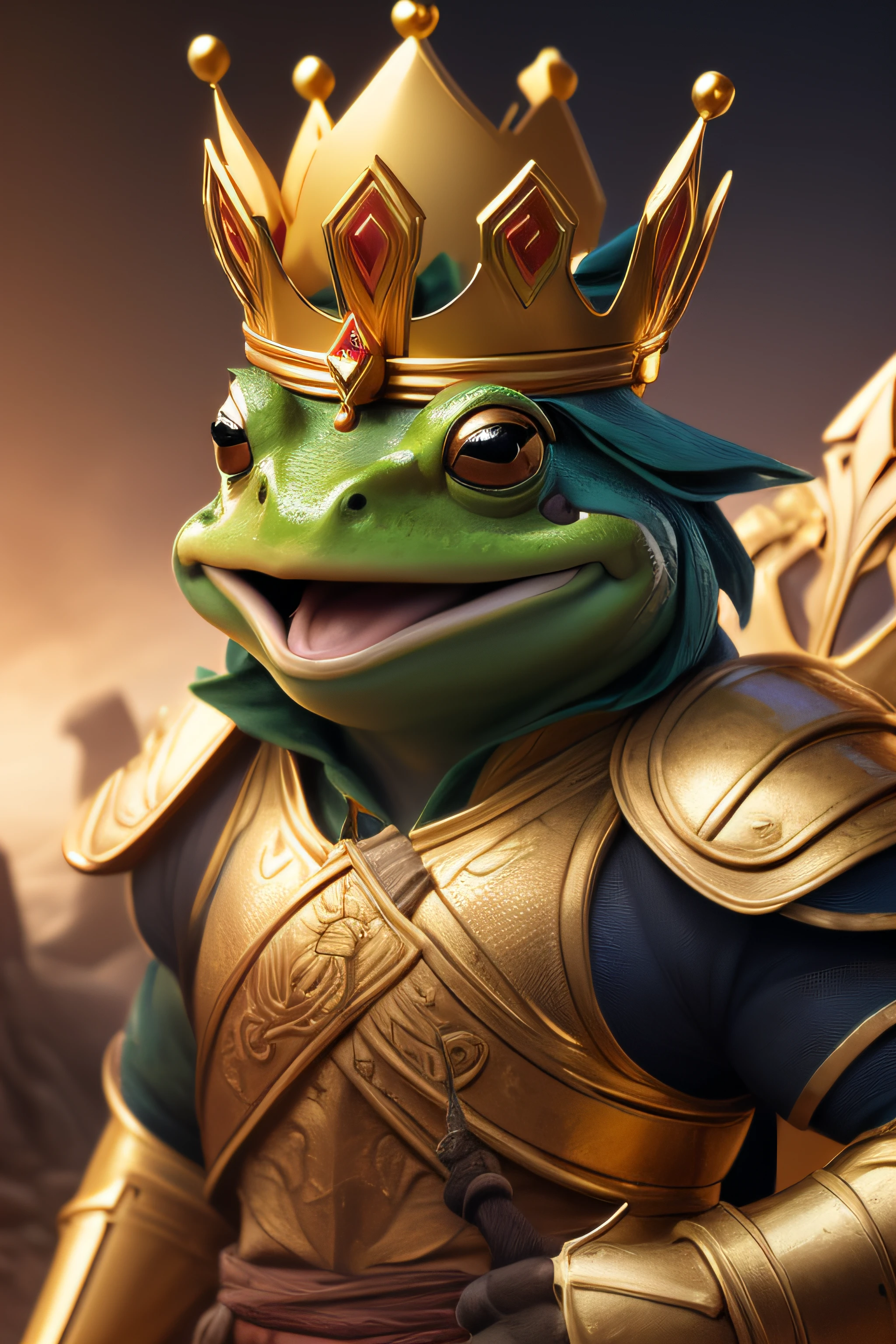 {{Une représentation épique en 4K d&#39;une grenouille guerrière portant une couronne d&#39;or}}. L&#39;image doit mettre en valeur la bravoure et la noblesse de la grenouille guerrière. Il porte fièrement sa couronne d&#39;or sur un superbe fond épique. L'objectif est de créer un chef-d'œuvre qui transmet la grandeur de cette figure guerrière et qui a un impact en raison de sa haute résolution..