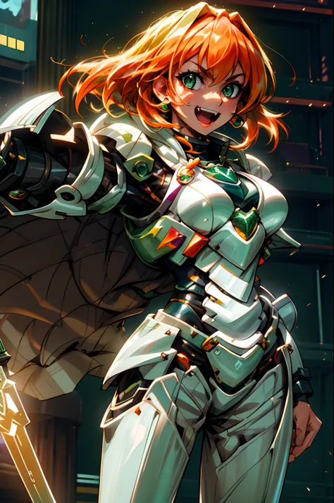 excel, orange hair, smile, fang, open mouth, green eyes,standing, medium breast, pants, pullover, , full body,knight armor, armo...