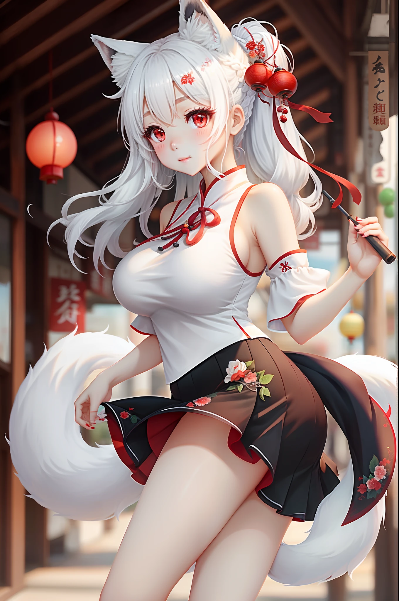 Anime girl with white hair and a white top and black skirt - SeaArt AI