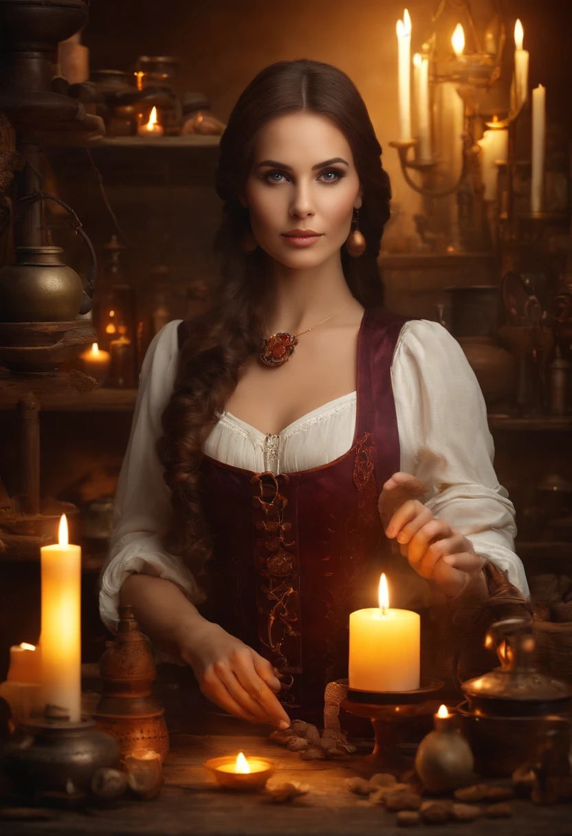 A woman in a medieval dress holding a candle in front of a table ...