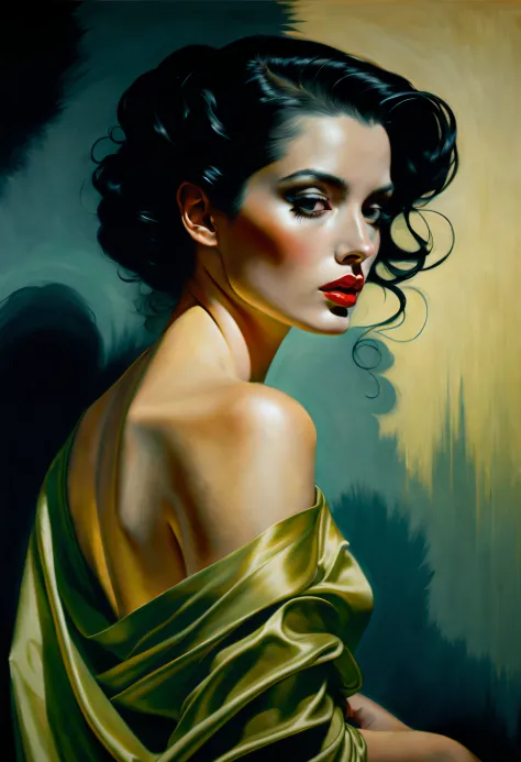 dramatic lighting, chiaroscuro, evocative depth, chiaroscuro technique on sensual illustration of an elegant 1980s woman, vintag...