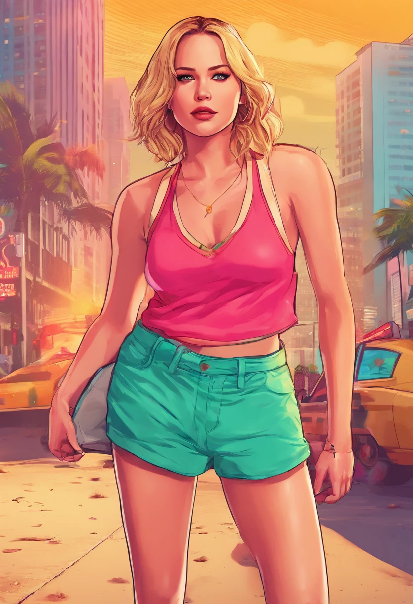 8k, RAW-Foto, real, schönes Mädchen, real, Jennifer Lawrence Gesicht, Ganzkörper, %100 Jennifer Lawrence Gesicht, echtes iPhone-Foto, dünner Körper, Foto in voller Länge, GTA 5 Titelbild im Mädchenstil