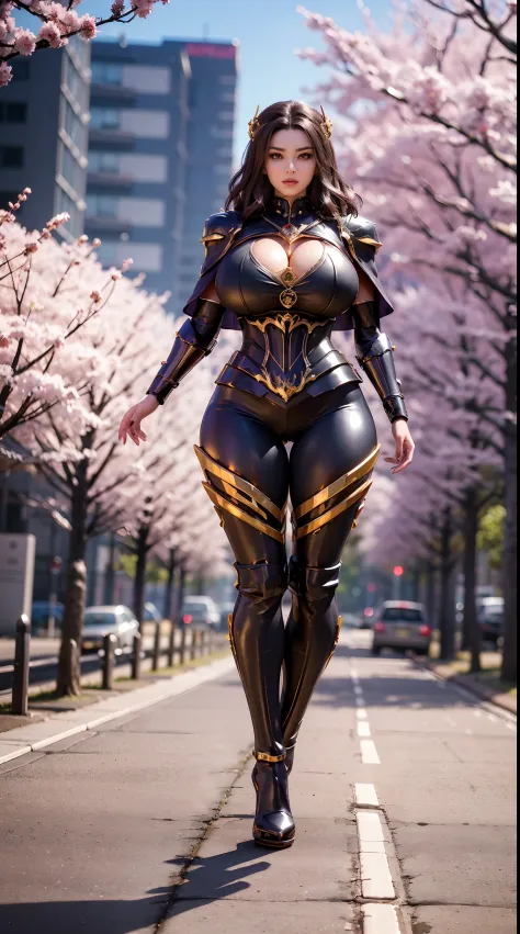 1GIRL, SOLO, (dark hair, hair gold ornament), (HUGE FAKE BOOBS:1.3), (black, purple, DRAGON MECHA BATTLE ARMOR, ROYAL CAPE, CLEAVAGE, SKINTIGHT YOGA PANTS, HIGH HEELS:1.2), (GLAMOROUS BODY, SEXY LONG LEGS, FULL BODY:1.5), (FROM FRONT, LOOKING AT VIEWER:1), (WALKING DOWN ON STREET CHERRY TREES:1.3), PHYSICALLY-BASED RENDERING, ULTRA HIGHT DEFINITION, 8K, 1080P.