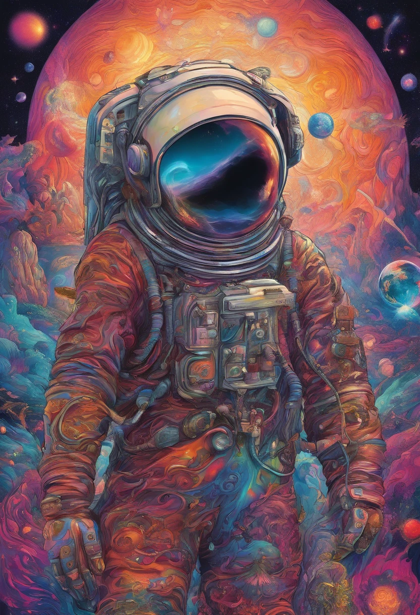 HD details, Close-up of a man in a spacesuit, planets in the background, psychedelic cosmic horror, psychedelic illustrations, cosmic space, plants growing, The world of psychosis, Background space graphic art, Cosmic illustration, cosmic space, cosmic lsd poster art, dmt space behind, Space scene, Surreal space, Cosmic style