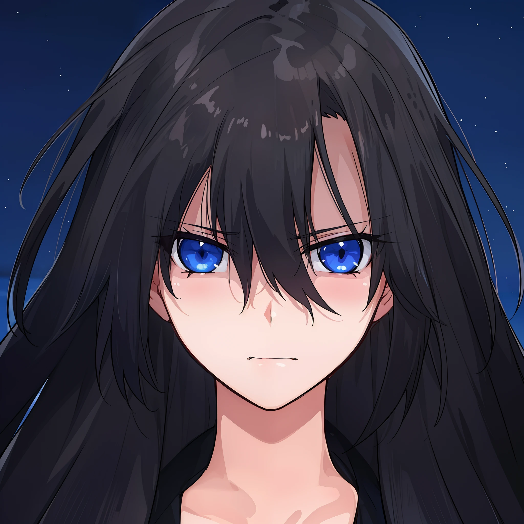 Anime girl with long black hair and blue eyes staring at the camera -  SeaArt AI