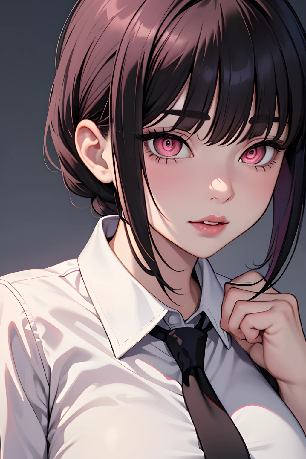 (masterpiece, best quality), 1girl, beautiful face, shirt, short black hair, pink eyes, juicy lips, seductive face, collared shirt, white shirt, necktie