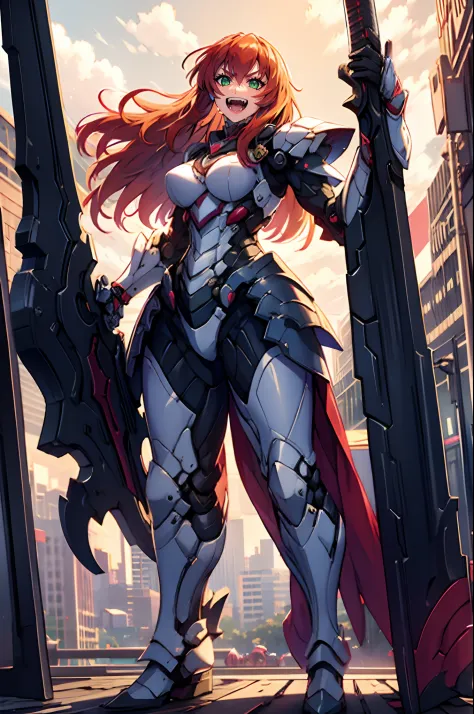 excel, orange hair, smile, fang, open mouth, green eyes,standing, medium breast, pants, pullover, , full body,knight armor, armore, sword holding, fantasy cyberpunk city magic