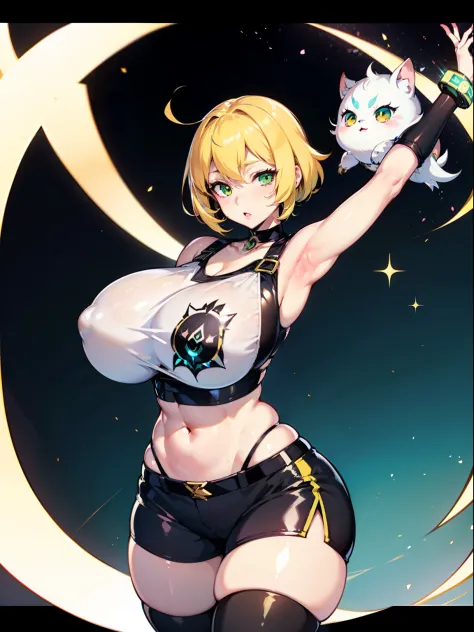 Good quality, one mature female, she's alone, white skin, short hair, blonde hair, green eyes, digimon trainer, huge boobs, digimon cyber sleuth art style, black stockings, shorts, crop top, black choker, gyaru, gorgeous face, thick tights, wide ass