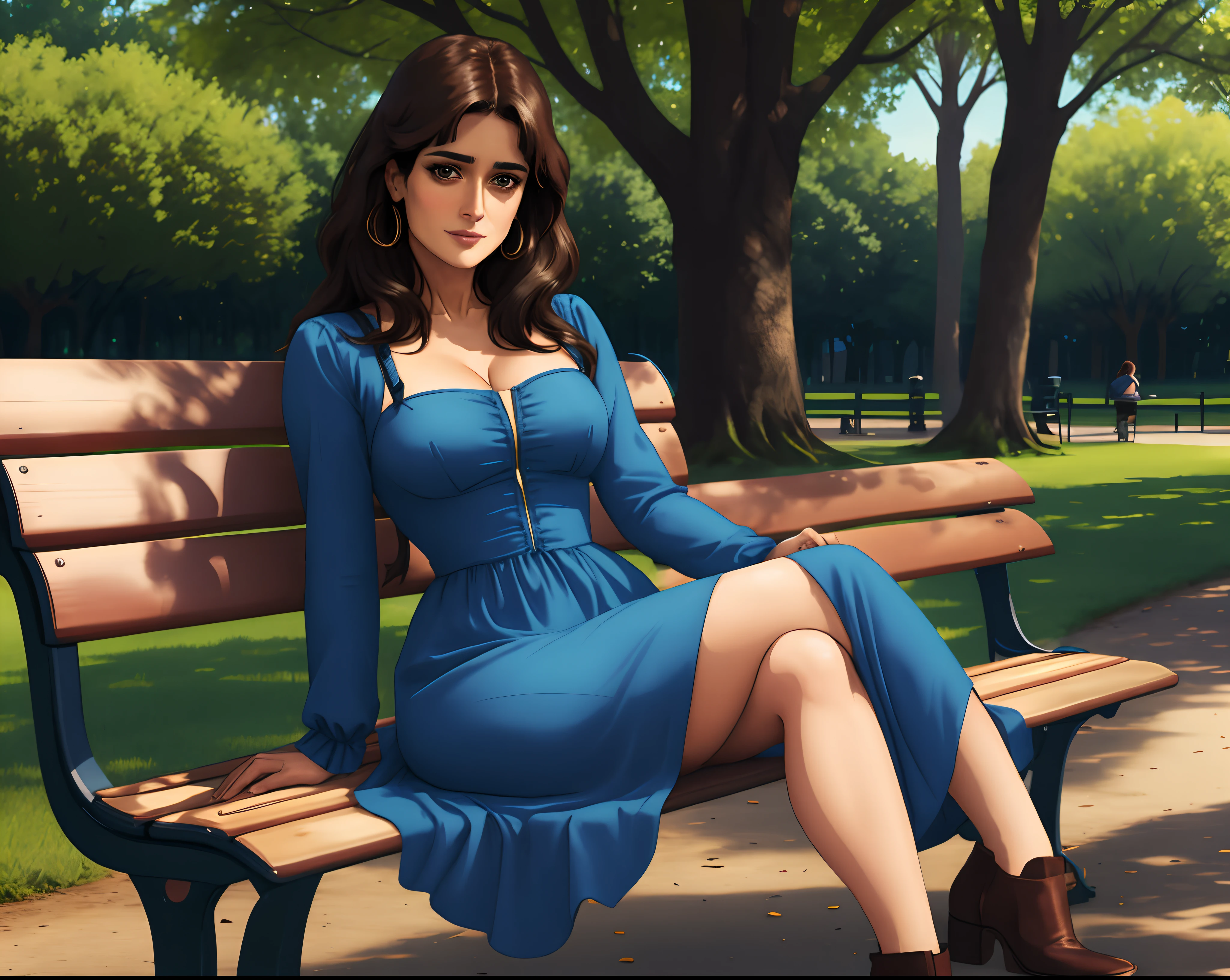 파란 드레스를 입고 공원 벤치에 앉아 있는 셀마 하이에크