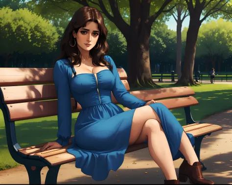 Salma Hayek sitting on a bench in the park on a blue dress