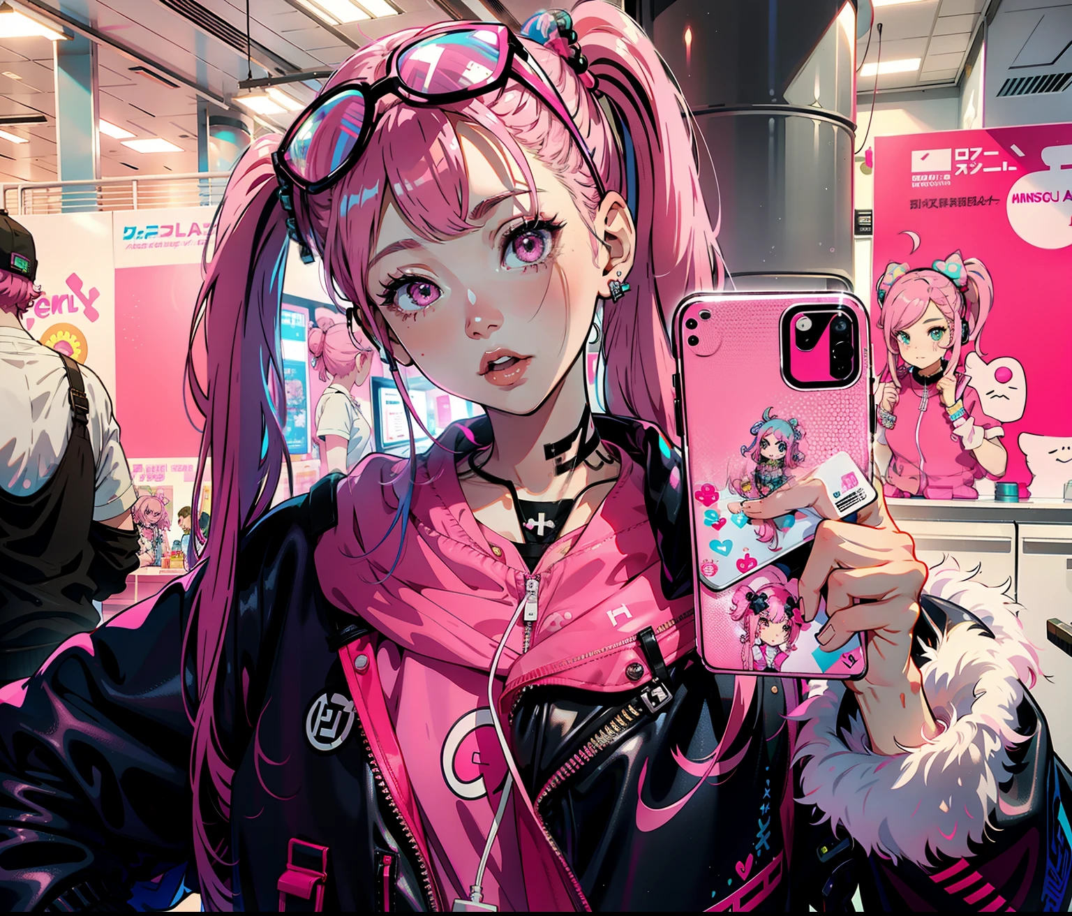 Anime girl with pink hair holding up a cell phone in a store - SeaArt AI