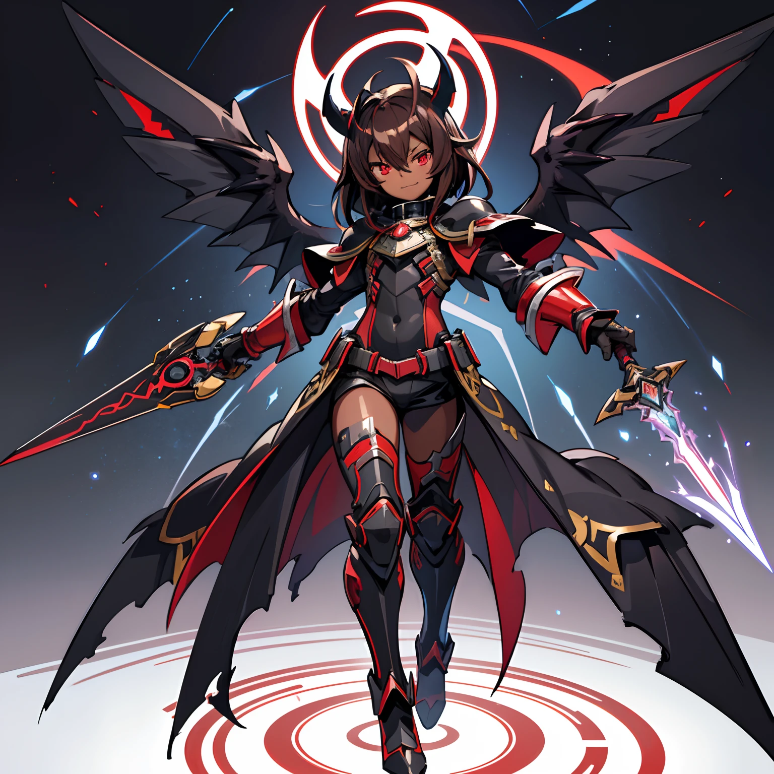 Masterpiece High res, cute (1 shota) dark skin child, with red eyes, long dark brown hair, wearing a black full body magical black armoured powersuit, white gaunlets, future cardfight buddyfight, demon lord, Holding a demonic magic greatsword, grins, Magic circles, 12 black fallen angel wings