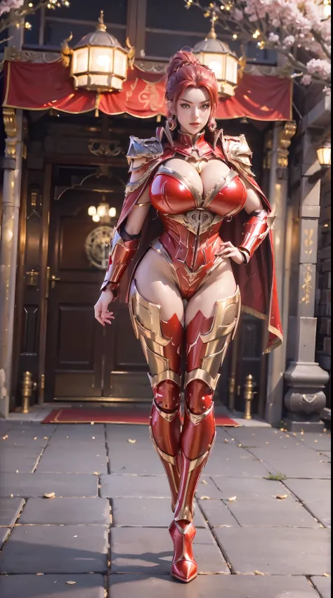 1GIRL, SOLO, (ponytail, hair gold ornament), (BIG BUTTOCKS, HUGE FAKE BOOBS:1.4), (red), (DRAGON MECHA BATTLE ARMOR SUIT, ROYAL CAPE, CLEAVAGE, SKINTIGHT YOGA PANTS, HIGH HEELS:1.5), (GLAMOROUS BODY, SEXY LONG LEGS, FULL BODY:1.5), (FROM FRONT, LOOKING AT ...