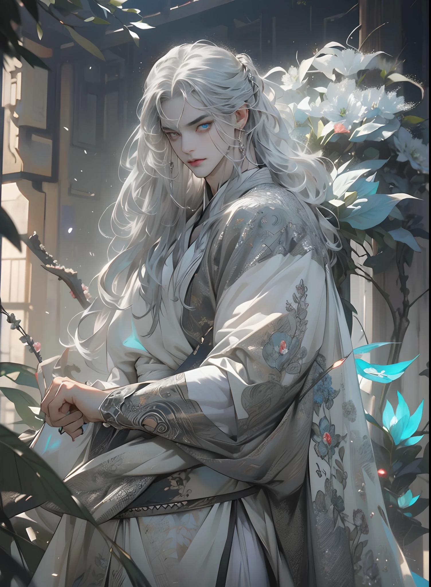 (extreamly delicate and beautiful:1.2), 8K, (tmasterpiece, best:1.0), , (LONG_silver_HAIR_MALE:1.5), Upper body body, a long_haired male, cool and seductive, evil_gaze, wears opened hanfu, half-nudity_chest and intricate detailing, and intricate detailing, finely ((Perfect symmertical eyes:1.5)) and detailed face, Perfect eyes, Equal eyes, Fantastic lights and shadows、white room background、 Uses backlight and rim light