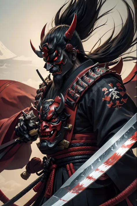 (demon samurai)、(Wearing a demon mask)、独奏、Like the whole body、(Armed with a long sharp knife)、magnificent artwork、((Kyoto Panel Painting Style))、Wind-effect:1.9、Cloud Effects:1.2、Full Rendering、Encaustic Painting