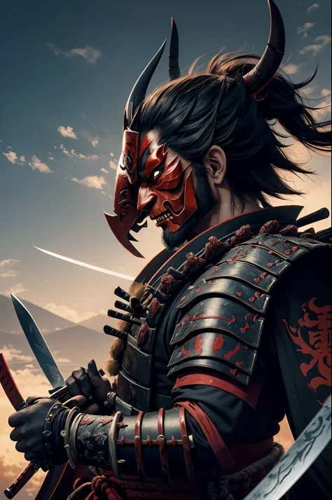 (demon samurai)、(Wearing a demon mask)、独奏、Like the whole body、(Armed with a long sharp knife)、magnificent artwork、((Kyoto Panel Painting Style))、Wind-effect:1.9、Cloud Effects:1.2、Full Rendering、Encaustic Painting,unrealengine,facing front