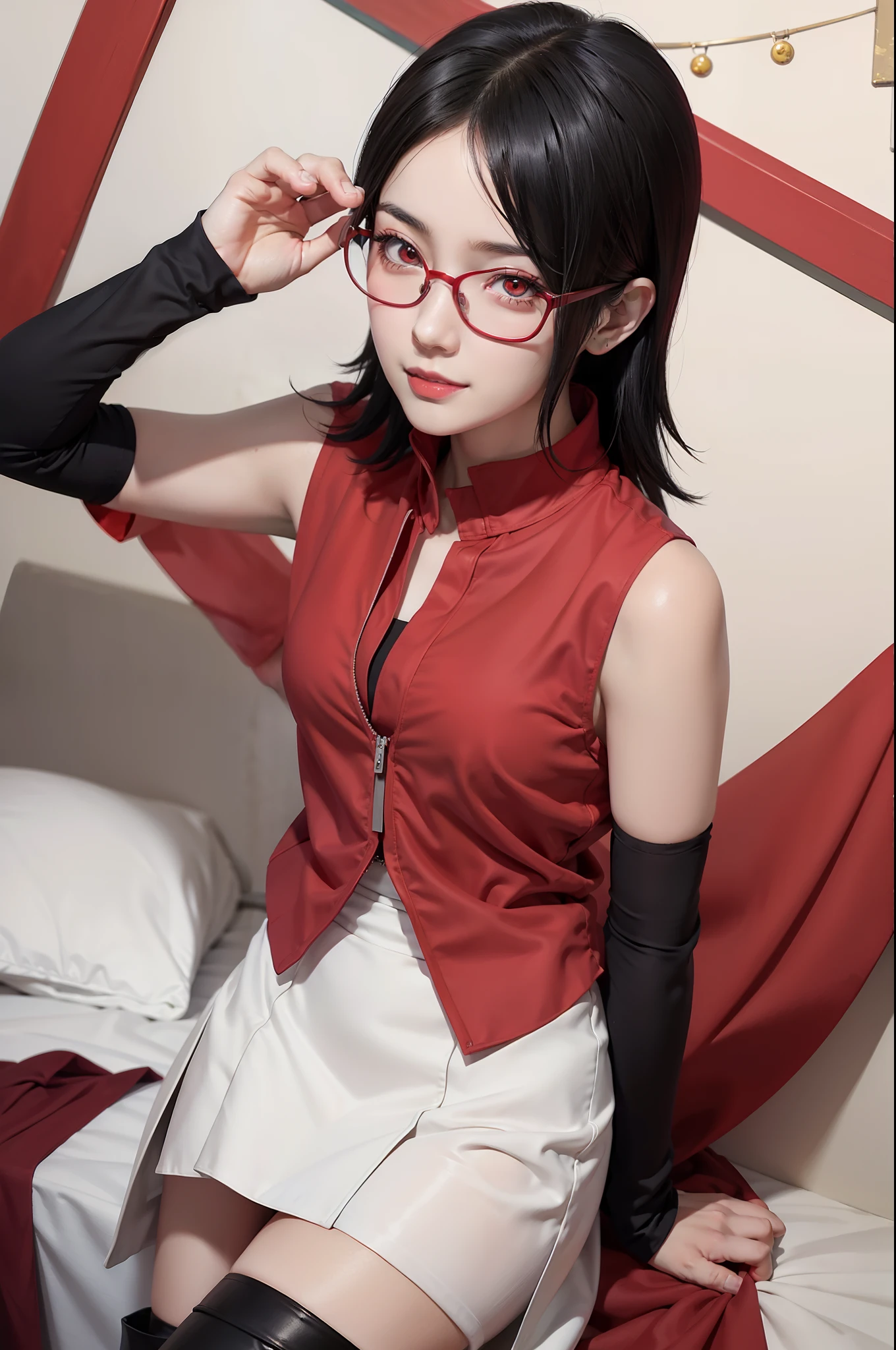 1girl, uchiha sarada in anime boruto, short hair, black hair, red eyes, smile, beautiful, sexy dress, sexy clothes, red clothes, wear red glasses, very big breast, realistic clothes, detail clothes, outdoor background, ultra detail, realistic