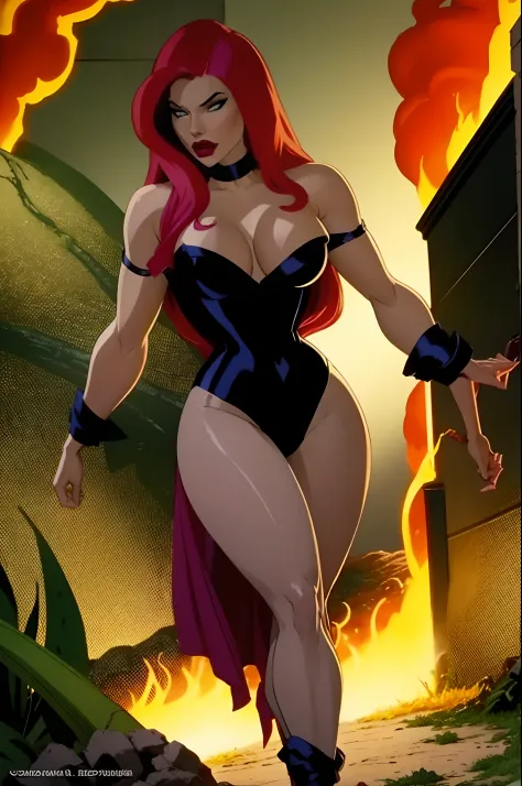 Poison ivy dc comics e Arlequina dc comics, Backgroud there is a huge carnivorous plant and the burning ground, detailed, high definicion, obra prima