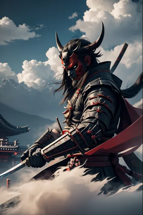 (demon samurai)、(Wearing a demon mask)、独奏、Like the whole body、(Armed with a long sharp knife)、magnificent artwork、((Kyoto Panel Painting Style))、Wind-effect:1.9、Cloud Effects:1.2、Full Rendering、Encaustic Painting,unrealengine,facing front